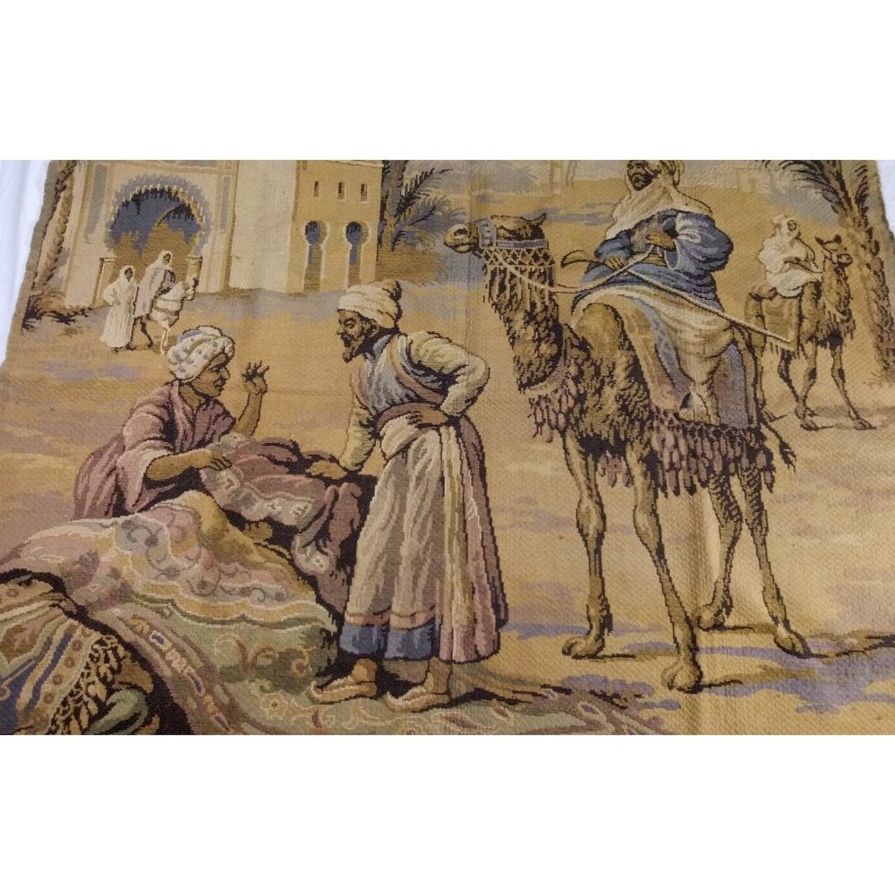 Antique Egyptian Revival Hand Woven Tapestry Middle Eastern Scene 48" x 39"